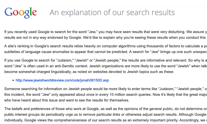 “An explanation of our search results” regard the word ‘Jew’ by Google